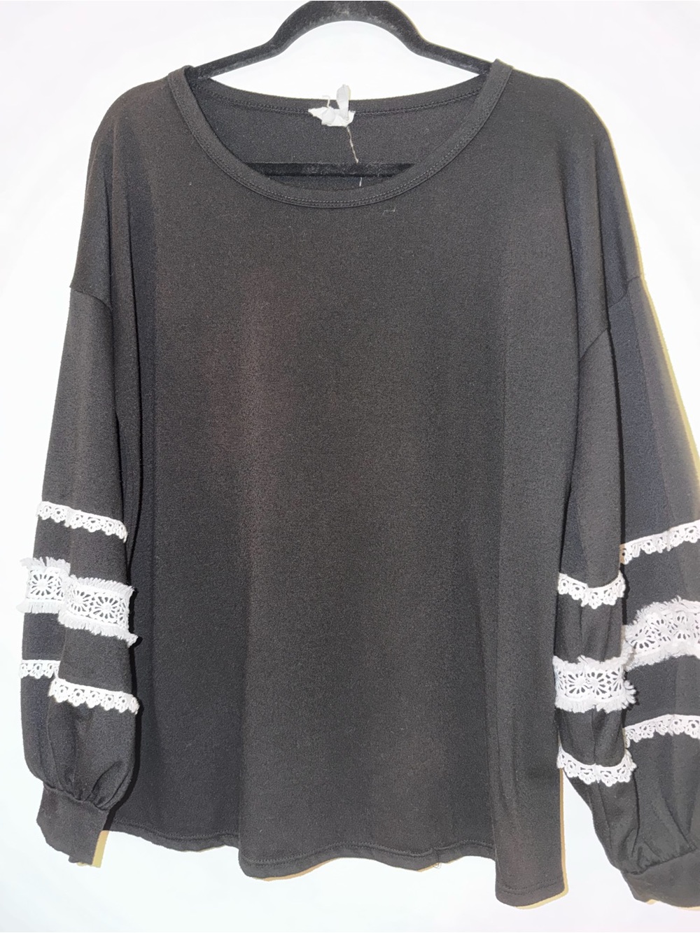 BiBi Black Sweatshirt with White Lace-Trim Balloon Sleeves